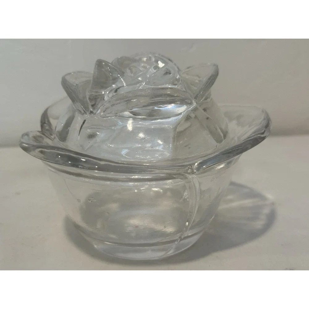VINTAGE Rose glass‎ dish for Trinkets or candy Dish lid decorated with Rose 5